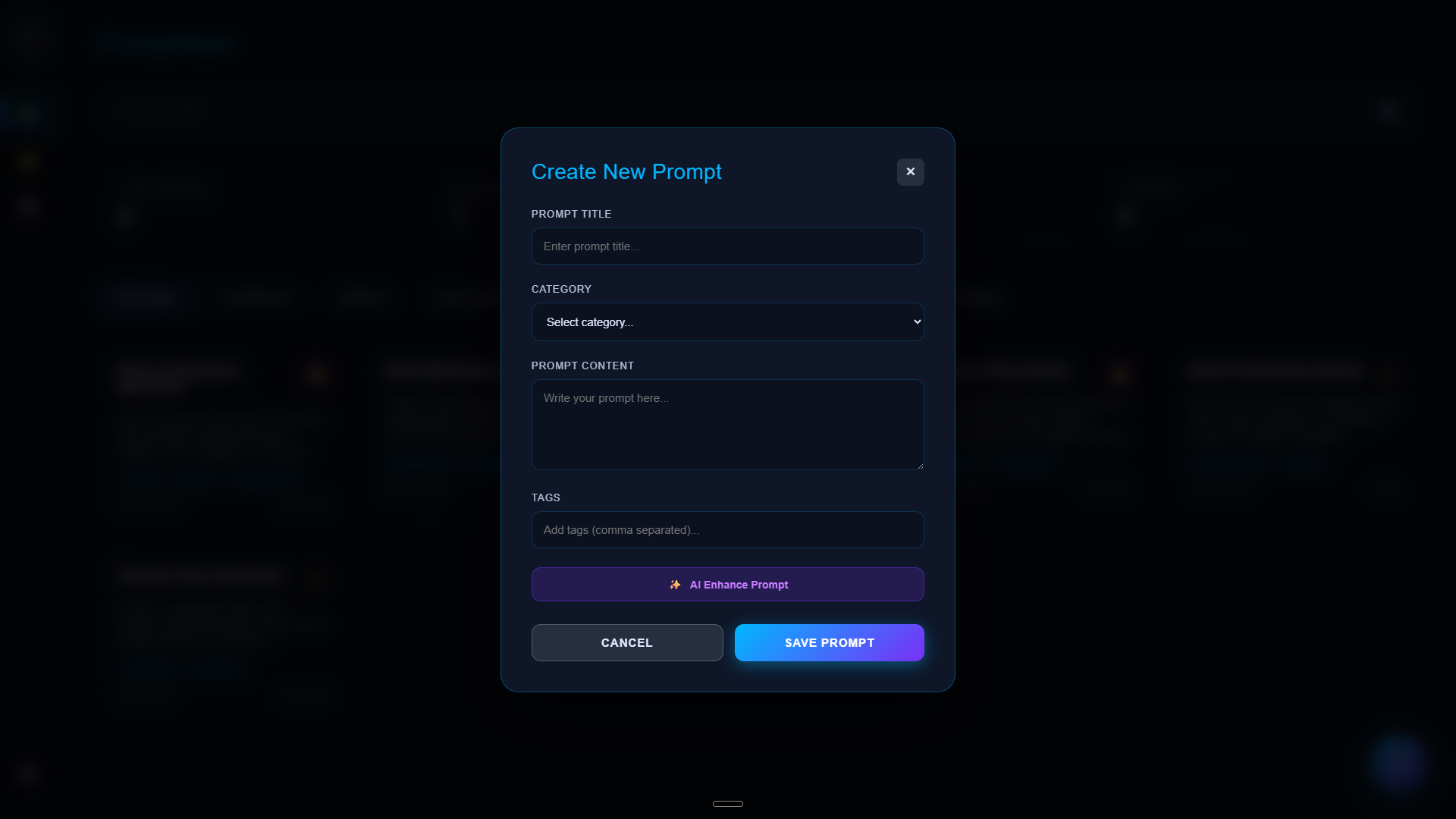 PromptVault — Library with category filter active